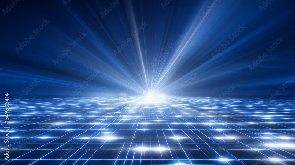 Poster dynamic bluish light rays radiate from a central point above a checkered grid surface. futuristic di