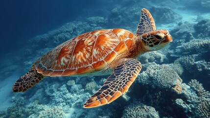 Obraz premium Sea turtle swimming over coral reef