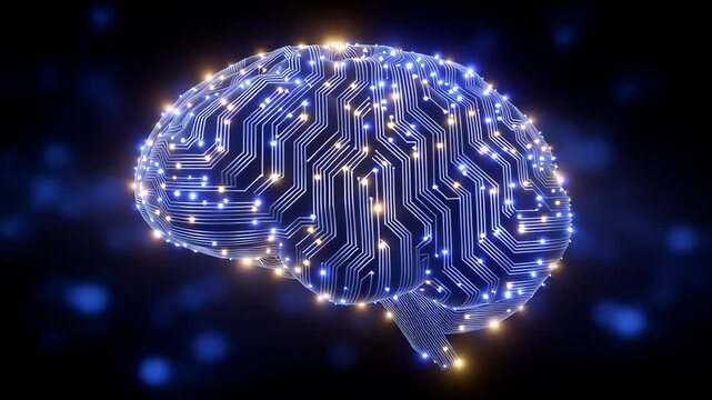 Digital brain with luminous circuits illustrating interconnections and technology. Dark background enhances bright circuitry. Concept of neuroscience, artificial intelligence, technology advancement
