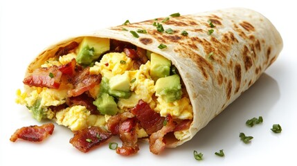 A breakfast burrito filled with scrambled eggs, crispy bacon, and diced avocado, wrapped in a toasted tortilla and garnished with chopped herbs.