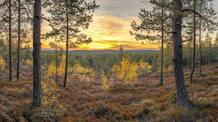 Golden sunset illuminates a boreal forest.