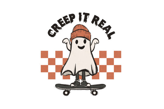 Creep It Real – Skateboarding Ghost with Beanie Hat Illustration isolated on transparent background