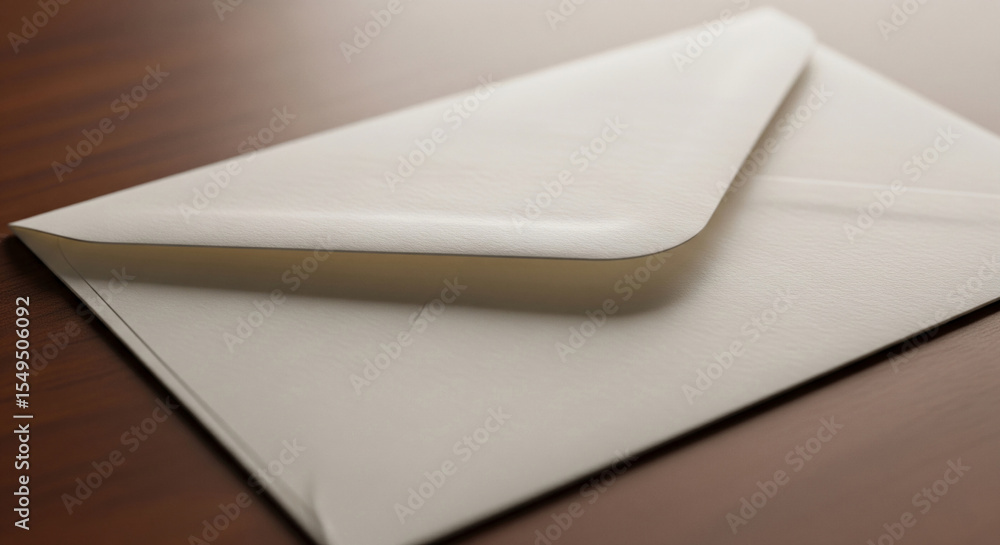 Poster close-up of off-white envelope on wood surface, showcasing textured paper; clean design ideal for br