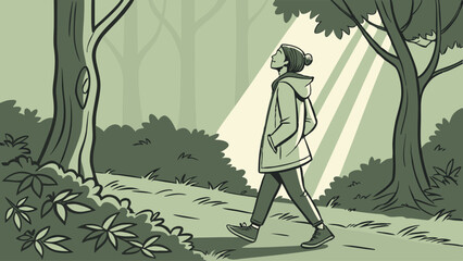 Woman Walking in Forest with Sunlight Cartoon Illustration.