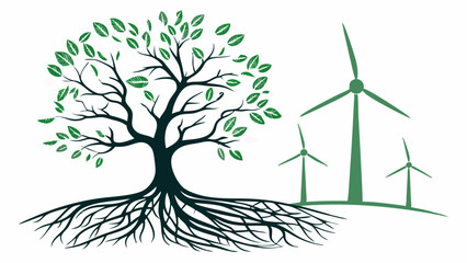 Sustainable Energy Tree Roots and Wind Turbines.