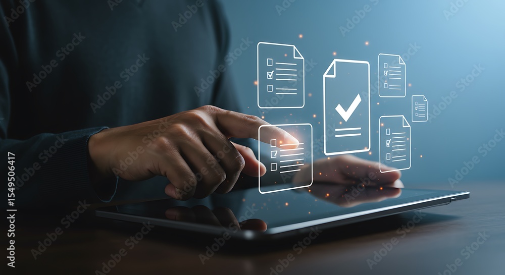 Poster person touching digital tablet displaying checklist documents for approval and validation