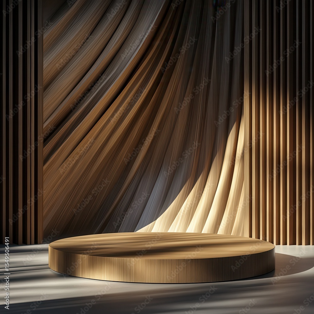 Poster 3d rendering of an empty wooden podium for product presentation in a modern interior with vertical l