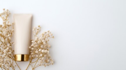 Elegant beige cosmetic tube with gold cap and floral accents, showcased against a minimalist white background, emphasizing simplicity and beauty in design.
