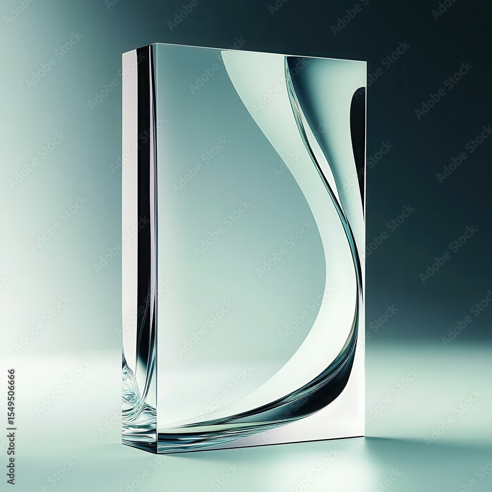 Poster a simple and minimalist crystal award, made of glass with rounded edges, stands on its base. it feat