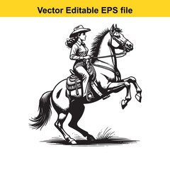 Fototapeta premium Dynamic Black and White Illustration of a Cowgirl Riding a Galloping Horse with Lasso Raised in Action and Determination in a Vector Editable Format