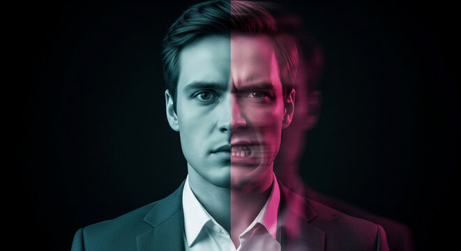 Double exposure portrait of man, face split showing contrasting emotions: calm and anger.  Illustrates duality, internal conflict, or hidden personality.
