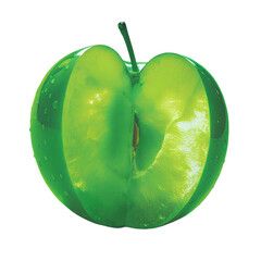 One whole and Stack of slices of fresh green apple with water droplets and leaf on white background.