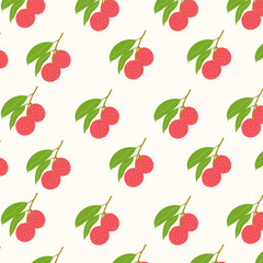 Seamless pattern with hand drawn lychee fruit branch. Tropical summer background with exotic red lychee. Asian botanical wallpaper for kitchen, packaging, textiles, wrapping paper.