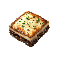 Delicious Greek Moussaka Square Portion, Close-Up Studio Shot