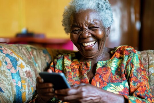 Joyful elderly woman with gray hair laughing while using a smartphone in a cozy living room setting, showcasing connection and happiness in technology use - Powered by Adobe