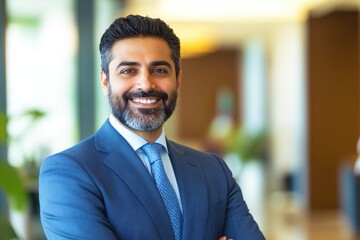 Fototapeta premium Confident Businessman in Formal Attire Smiling in Modern Office Environment with Natural Light and Indoor Plants