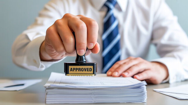 A close-up photograph of a hand stamping a black rubber stamp on white paper documents.