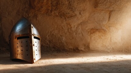 Medieval Knight's Helmet in a Sunlit Stone Room, a solitary helmet resting on a smooth surface, surrounded by warm sunlight and textured stone walls, evoking a sense of history and valor.