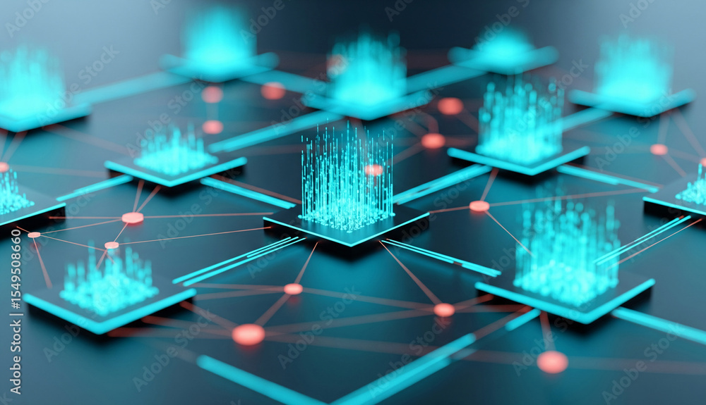 Poster abstract image of interconnected glowing blue data points on dark platforms, symbolizing network, co