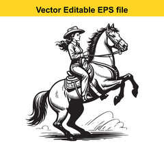 Obraz premium Dynamic Black and White Illustration of a Cowgirl Riding a Galloping Horse with Lasso Raised in Action and Determination in a Vector Editable Format