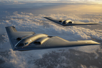 two military planes flying in the sky above the clouds and clouds below them are the sun and clouds below them