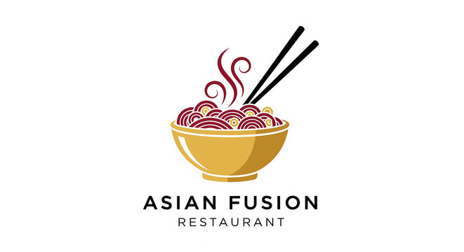 Stylized logo of golden bowl with steaming noodles and chopsticks, representing Asian fusion cuisine, ideal for restaurant branding and menus