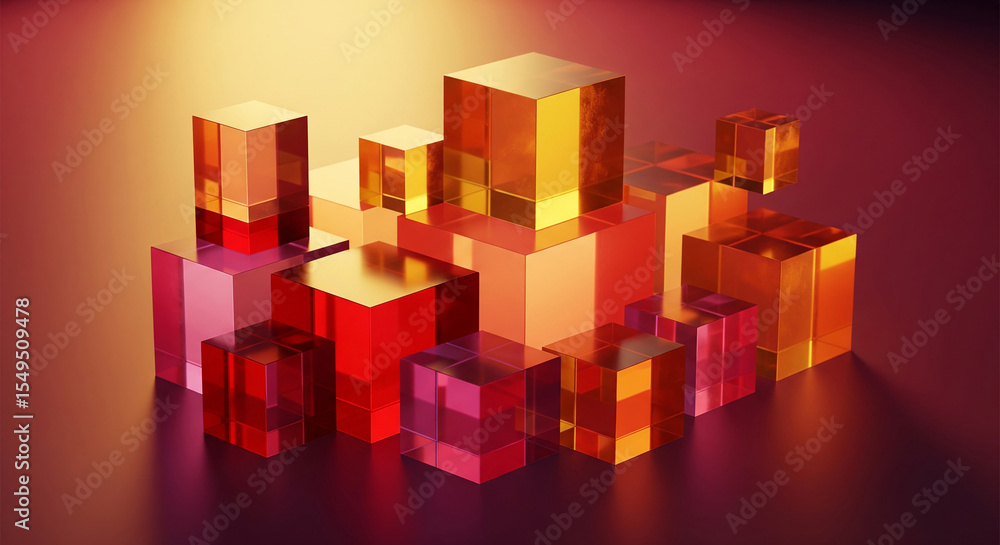 Aufkleber abstract image of translucent cubes in red and orange hues, stacked to create a dynamic display, sug