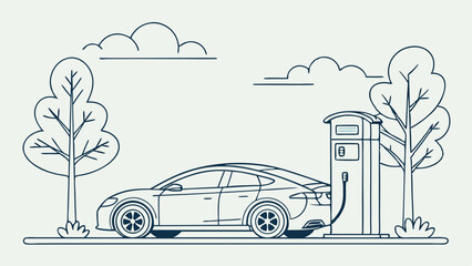 Electric Vehicle Charging at a Station with Trees and Clouds.