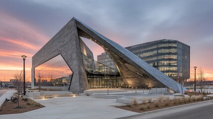 Obraz premium Modern, angular building complex at dawn, featuring dramatic, dark-gray stone and glass facades. A large, open plaza and street are visible, with landscaping and ambient lighting