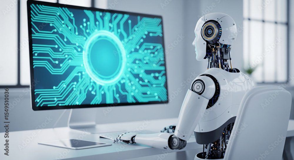 Poster white robot using computer with teal circuit board graphic display, showcasing artificial intelligen