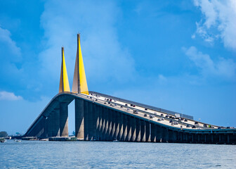 Sunshine Skyway Bridge, officially known as the Bob Graham Sunshine Skyway Bridge, spans Tampa Bay in Florida, connecting St. Petersburg to Terra Ceia in Florida USA