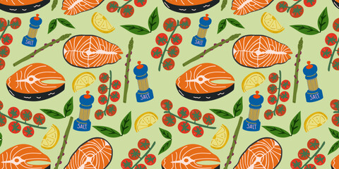 Hand drawn food seamless pattern. Mediterranean background for wallpaper, textile, fabric, wrapping paper. Salmon steak, asparagus, cherry tomato, lemon