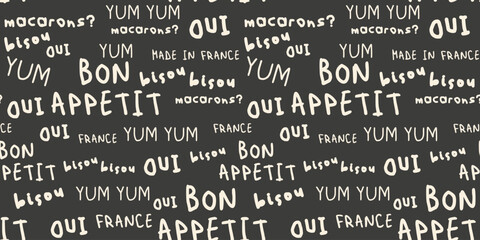 French phrases seamless pattern. Cute background for wallpaper, print, card, poster, textile, fabric. French lettering with various phrases © luamor