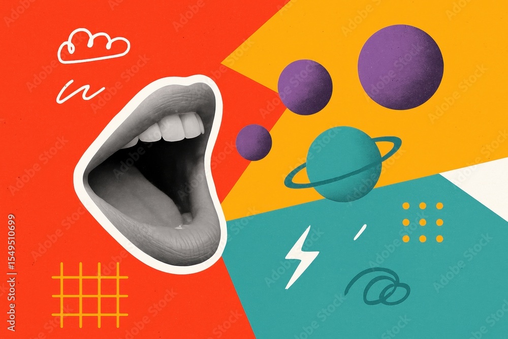Poster creative woman shouting with abstract colorful shapes and planets representing communication and exp