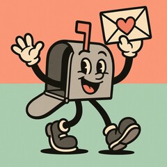 cheerful cartoon mailbox character happily delivering a love letter with a big smile on a colorful background, symbolizing communication and joy