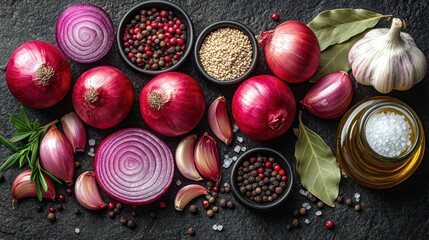 Obraz premium Red onions, garlic, spices on dark stone