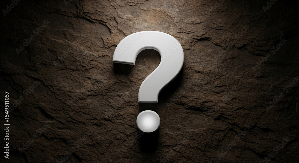 Poster white question mark on brown stone background, illuminated from above, symbolizing inquiry, uncertai
