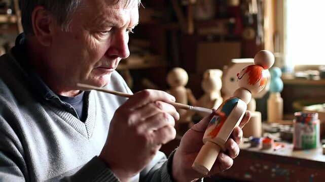Elderly man painting wooden doll in workshop with natural lighting  