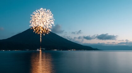 Vibrant Fireworks Above a Serene Volcanic Lake, A tranquil scene featuring colorful explosions illuminating the night sky over a calm, reflective water surface, minimal distractions.