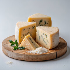 Artisanal Blue Cheese Wedges Elegantly Arranged on Rustic Wooden Board with Fresh Herbs