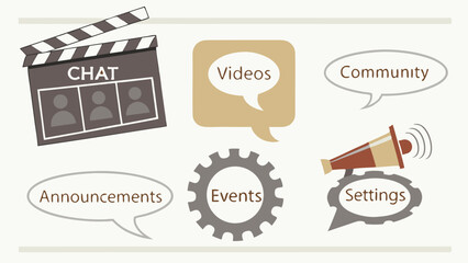 Cartoon illustration of social media and communication related icons.