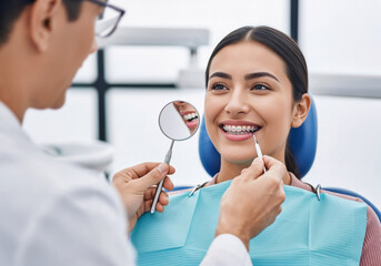 Cheerful Patient with Braces Receiving Professional Dental Examination in Modern Clinic
