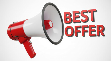 Red megaphone announcing "Best Offer" on white background Free space for text or advertisement, ideal for marketing or sales promotions