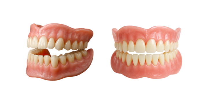 full set of upper and lower dentures isolated on transparent background, dental prosthetics for oral health care, removable artificial teeth for seniors and patients with tooth loss, medical