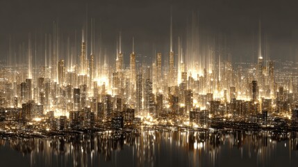 Golden city skyline at night, reflected on water