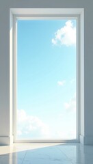 Fototapeta premium White window with a view of a clear sky.