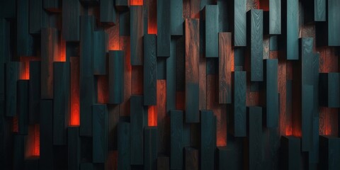 Obraz premium Wooden Abstract with Fiery Glow: A contemporary abstract composition of vertical wooden blocks illuminated with a vibrant, fiery glow, creating a textured and visually dynamic display. 