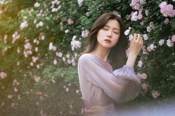 Serene young woman among blooming flowers.
