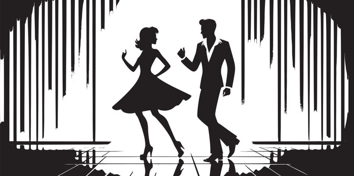 Silhouetted figures of a dancing couple in timeless style, exuding elegance, harmony, and passion. The composition portrays vintage aesthetics