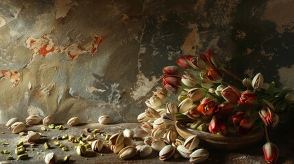 Fototapeta premium Pistachio nuts are scattered decoratively around the base, with some still in their shells.